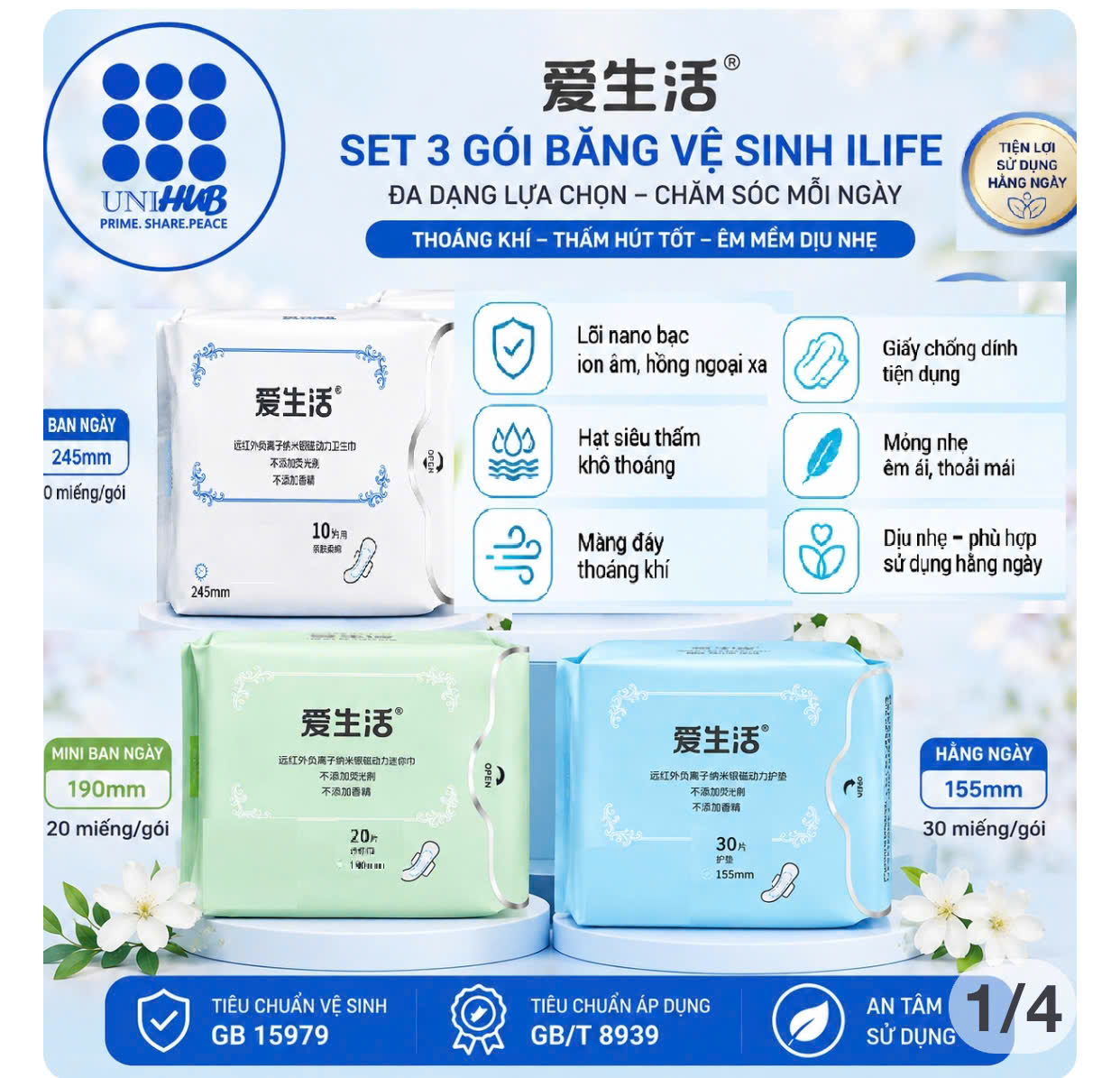 Combo 3 gói băng vệ sinh iLife: Ban Ngày 245mm, Mini 190mm, Hàng Ngày 155mm